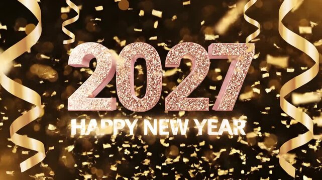 2027 HAPPY NEW YEAR rose gold glitter text surrounded by falling golden confetti and curling ribbons, for festive party openers