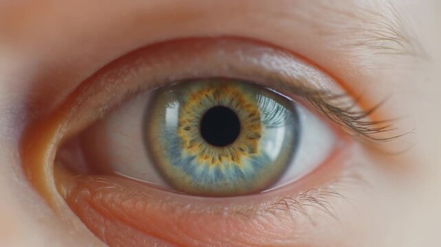 Extreme macro footage of a single beautiful healthy baby eye, luminous golden-green iris for National Hispanic Heritage Month and World Sight Day