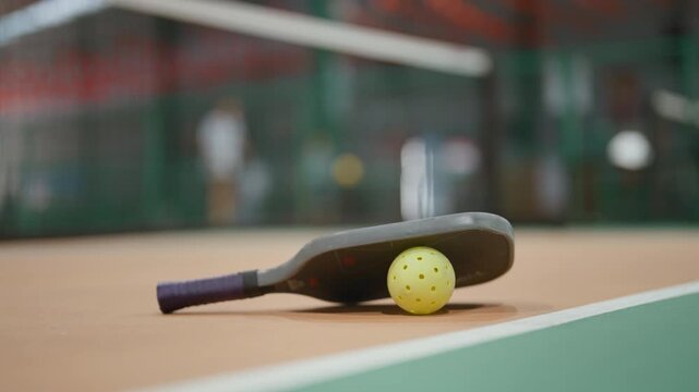 Fitness and sport activity, closeup view of racket and ball for pickleball. Professional and amateur sport, training on indoor court for play and workout, healthy life and release of endorphins