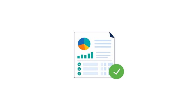 Completed Financial Report With Business Charts And Approval Checkmark.  Analytics Document Checklist Animation On A White Background.