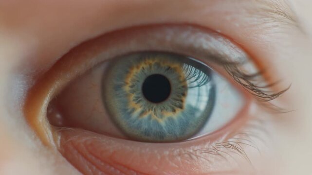 Extreme macro footage of a single beautiful healthy baby eye, delicate sage-green iris for National Hispanic Heritage Month and World Sight Day