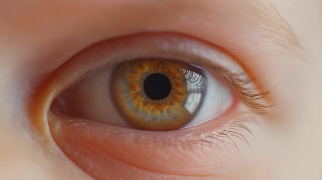 Extreme macro footage of a single beautiful healthy baby eye, warm honey-brown iris for National Hispanic Heritage Month and World Sight Day