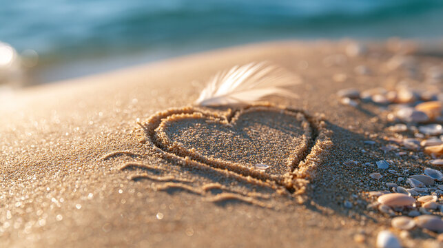 Close-up view of smooth tan-colored beach sand with a hand-traced heart and small wave doodles pressed into the surface, soft diffused midday light highlighting every grain, a scat