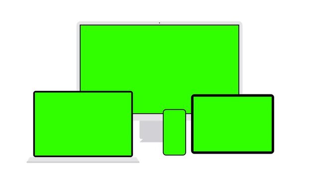 A comprehensive collection of modern digital devices featuring adaptable green screens for creative content integration, presented on a clean white background