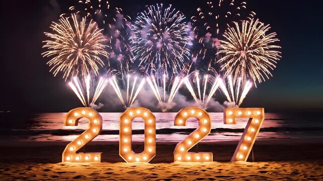 2027 glowing marquee sign standing on ocean beach sand during spectacular night fireworks celebration display, warm party atmosphere