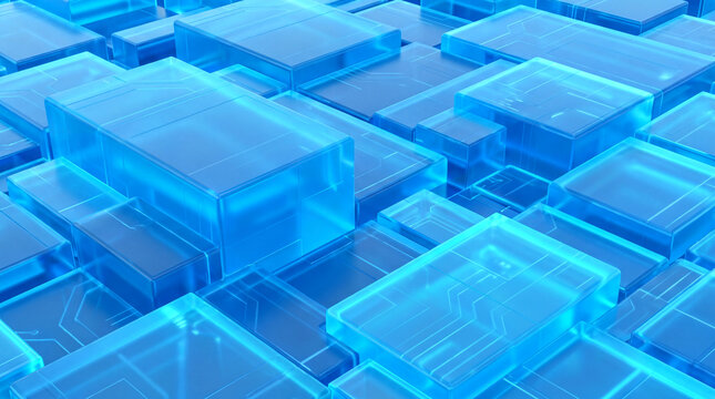 geometric shapes design, abstract arrangement of blue plastic rectangles forms a modern tech backdrop