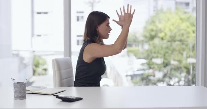 Laptop, 404 and stress with business woman at work on problem or error in office. Computer, glitch and banging desk with frustrated young employee in workplace for compliance, tax or financial debt