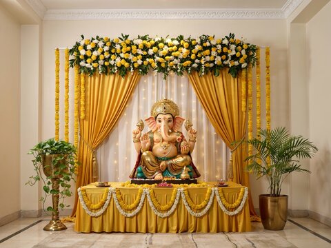 Elegant Lord Ganesha idol decorated for Ganesh Chaturthi festival with flowers diyas traditional home puja celebration background design.
