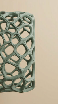 Abstract Sage Green 3D Rendered Lattice Mesh Background with Porous Voronoi Pattern Design, Modern Tech Sculpture for Minimalist Creative Projects