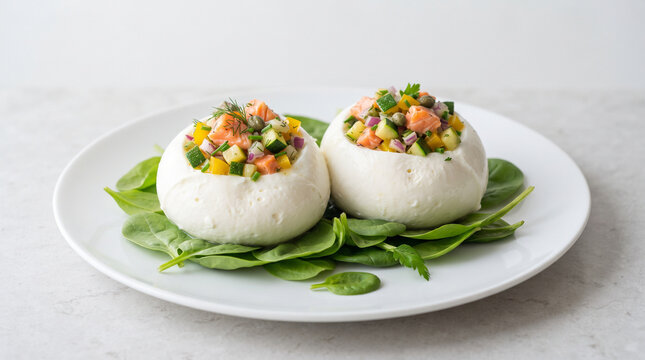 fresh cream cheese balls with bright salsa topping on white plate with spinach leaves, close-up appetizer set in natural