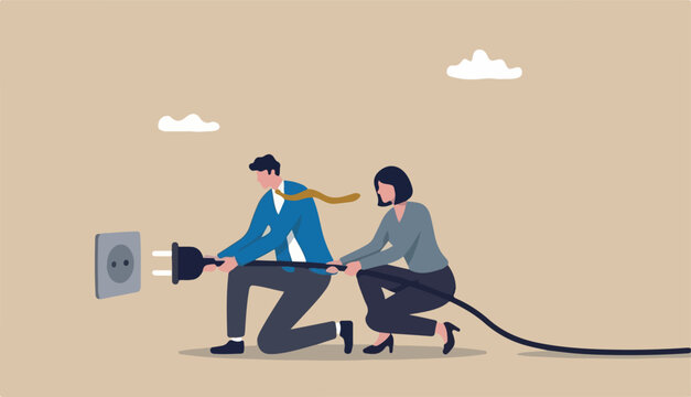 Disconnected or business, broken communication, 404 or disconnect from social media distraction monitor screen, young man and young adult woman pull electric socket plug disconnect from internet (2)