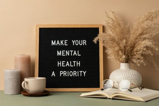 Mental health priority message on letter board with candle and book