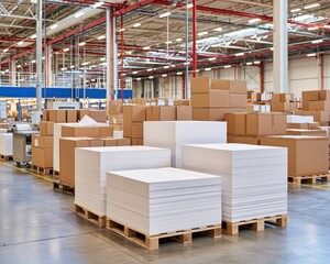 Naklejka premium Stacks of blank printed sheets on pallets in large warehouse with cardboard boxes and industrial lighting
