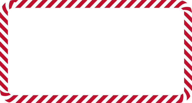 A rectangular frame with rounded corners decorated with a red and white diagonal striped pattern on white space.