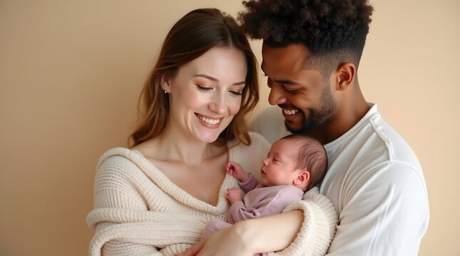 A joyful mixed-ethnicity couple lovingly cradles their newborn in soft hues, showcasing a warm family moment.