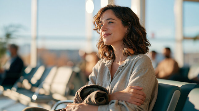 A woman seated in a bright clinic waiting room holding a folded jacket over her arm, soft autumn light streaming through large windows, rows of comfortable chairs softly blurred be