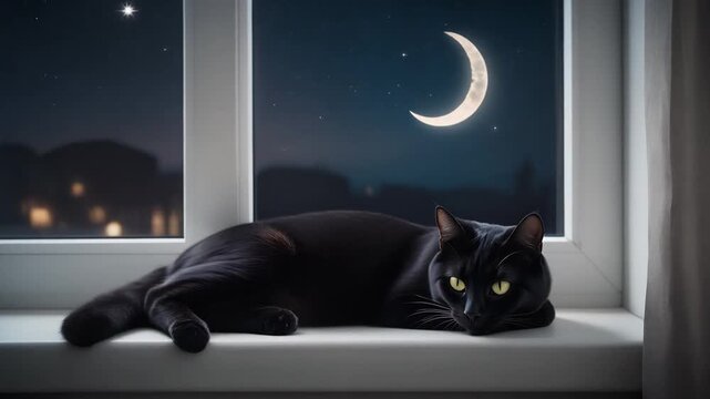 Black cat resting on windowsill at night with crescent moon and stars