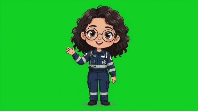 Cute cartoon character of a female paramedic in uniform waving hello on green screen background.
