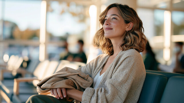 A woman seated in a bright clinic waiting room holding a folded jacket over her arm, soft autumn light streaming through large windows, rows of comfortable chairs softly blurred be