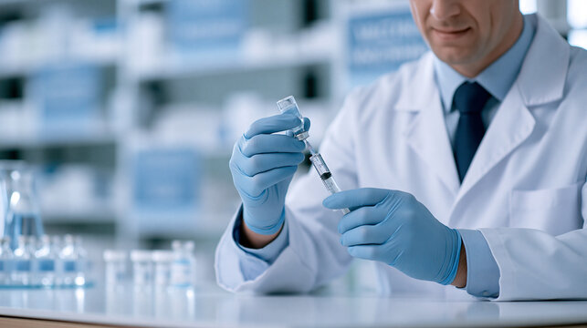 A pharmacist preparing a vaccination dose at a clean pharmacy counter, neatly organized medical supplies and informational vaccination posters softly blurred in the background, bri