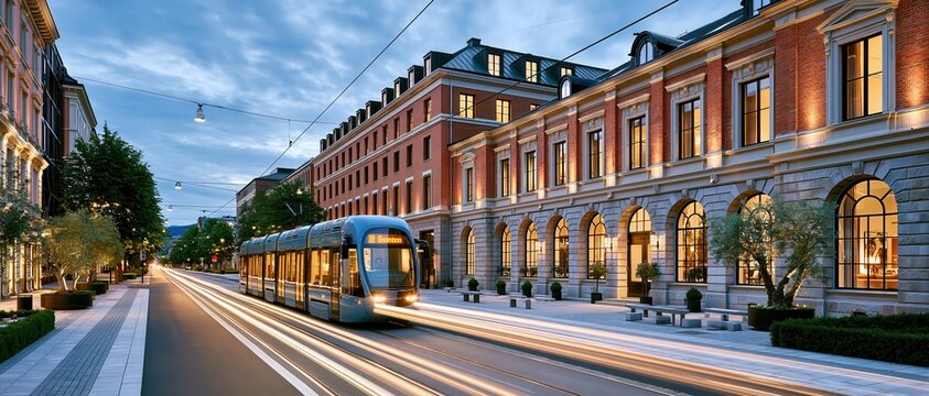 Tram passing quiet street at dusk with warm building lights and motion blur