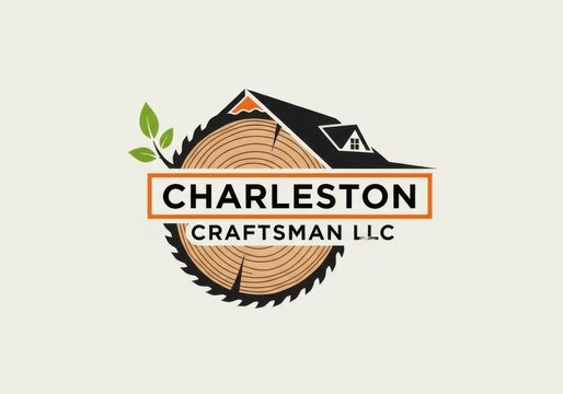 Logo design for charleston craftsman llc featuring a circular wood log crosssection with a saw blade edge, a house roof silhouette, and green leaves
