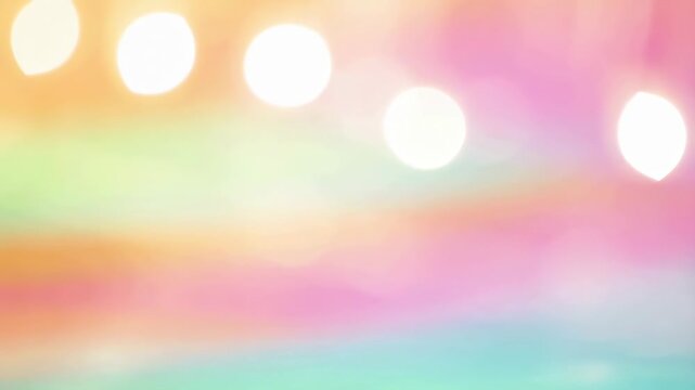 Intentionally blurred pastel bokeh light circles drift across a soft multicolored gradient background. Title sequence, event promotion graphics, and beauty and wellness branding.