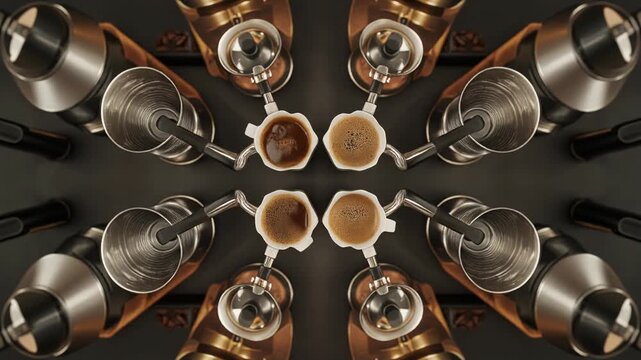 Kaleidoscope of Espresso Machines and Coffee Cups, Morning Coffee Ritual