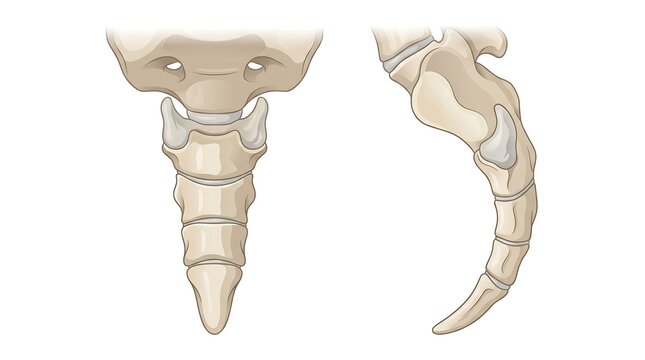 Human sacrum and coccyx bone anatomy from anterior and lateral views illustration