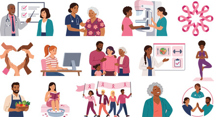 Fototapeta premium Diverse women's health awareness elements with medical screening and support symbols in vibrant vector illustration