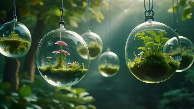 Magical Terrarium Globes with Miniature Ecosystems Hanging in a Sunlit Forest