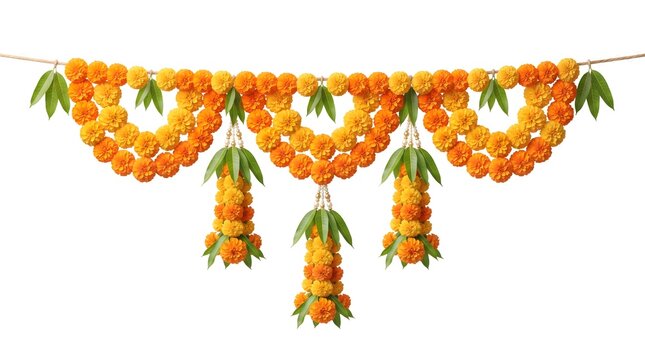 A traditional indian marigold flower garland hanging decoration used for festive home entrance door adornment during the auspicious diwali festival celebration in india