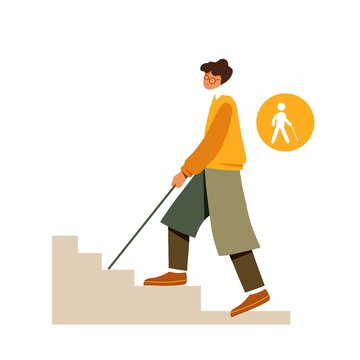 Visually impaired man walking upstairs with icon flat vector illustration 