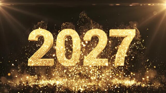 2027 forming from bright golden fireworks and falling spark showers on a dark festive setting