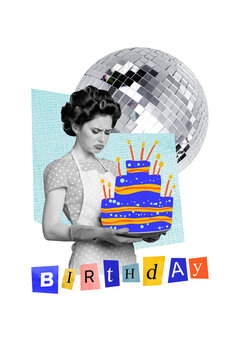 Vertical photo collage of sad birthday lonely housemaid hold cake candle wish disco ball occasion sweet pie isolated on painted background