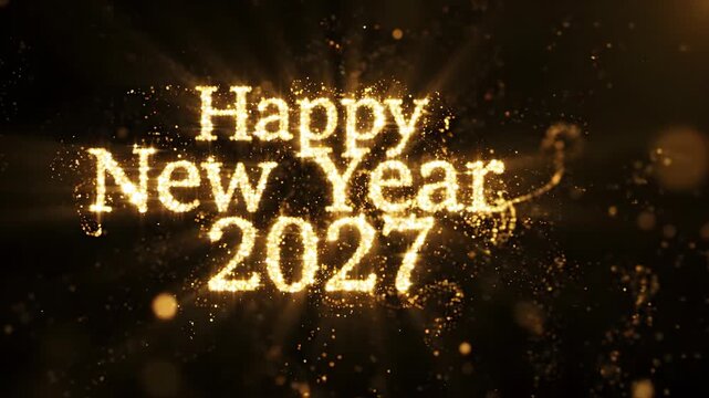 Happy New Year 2027 emerging from a bright golden burst of glowing particles and flowing light trails