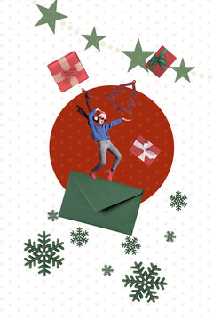 Composite trend artwork sketch image collage of merry christmas new year holiday celebration young lady envelope letter gift decor snow