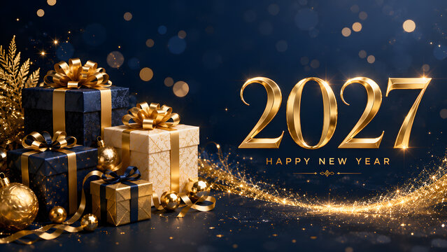 Golden 2027 new year gifts on dark blue background