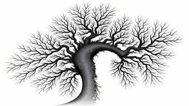 Organic monochrome fractal tree with recursive branching structure 