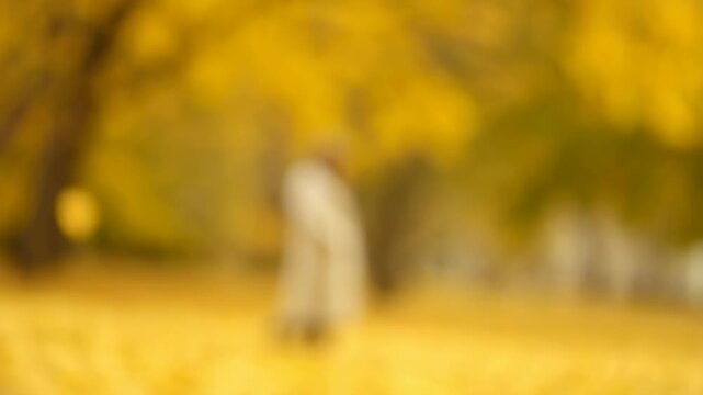 Blurred autumn park with golden trees and a distant walker moving through fallen leaves. Seasonal title, mindfulness content, and autumn lifestyle campaigns.