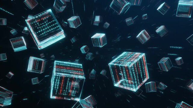Abstract Floating Cubes with Code Data in Digital Network, Futuristic Technology Background