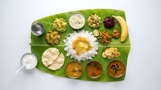 This vibrant and colorful image showcases a traditional south indian sadhya meal served on a banana leaf typically enjoyed during festive occasions like onam and