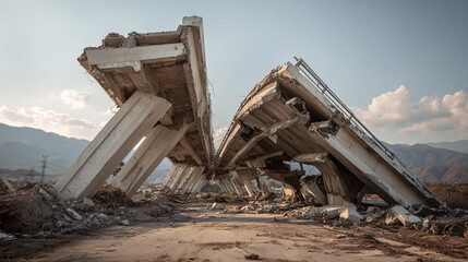 Fototapeta premium Collapsed concrete bridge with debris and mountains in the background