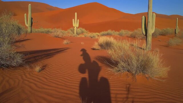 Vast Namib Desert Landscape with Saguaro Cacti and Rippling Sand Dunes