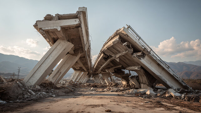 Collapsed concrete bridge with debris and mountains in the background