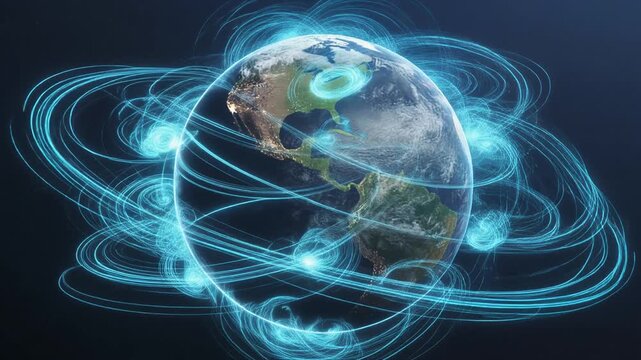Global Network Connection Earth Surrounded by Digital Blue Energy Waves
