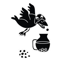 Naklejka premium Thirsty crow dropping small stones into water jug fable solid glyph vector illustration icon set.