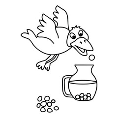 Naklejka premium Thirsty crow dropping small stones into water jug fable line art vector illustration icon set.
