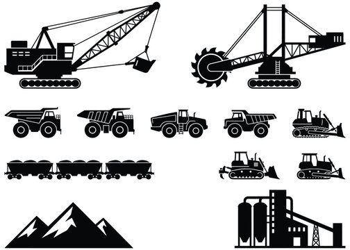 Heavy open pit mining vehicle black silhouettes collection with bucket wheel excavators draglines and diesel hauling dump trucks.