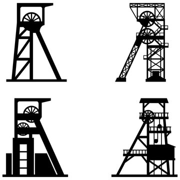 Coal mine pithead black silhouette symbols vector set perfect for industrial and mining projects.